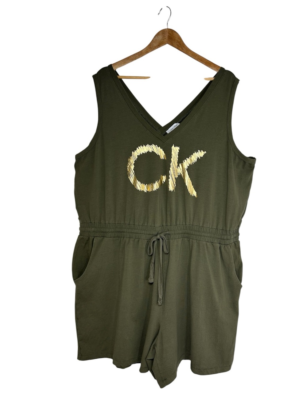 Calvin Klein Cotton Blend Olive Green Sleeveless Romper with Gold CK Logo 2X